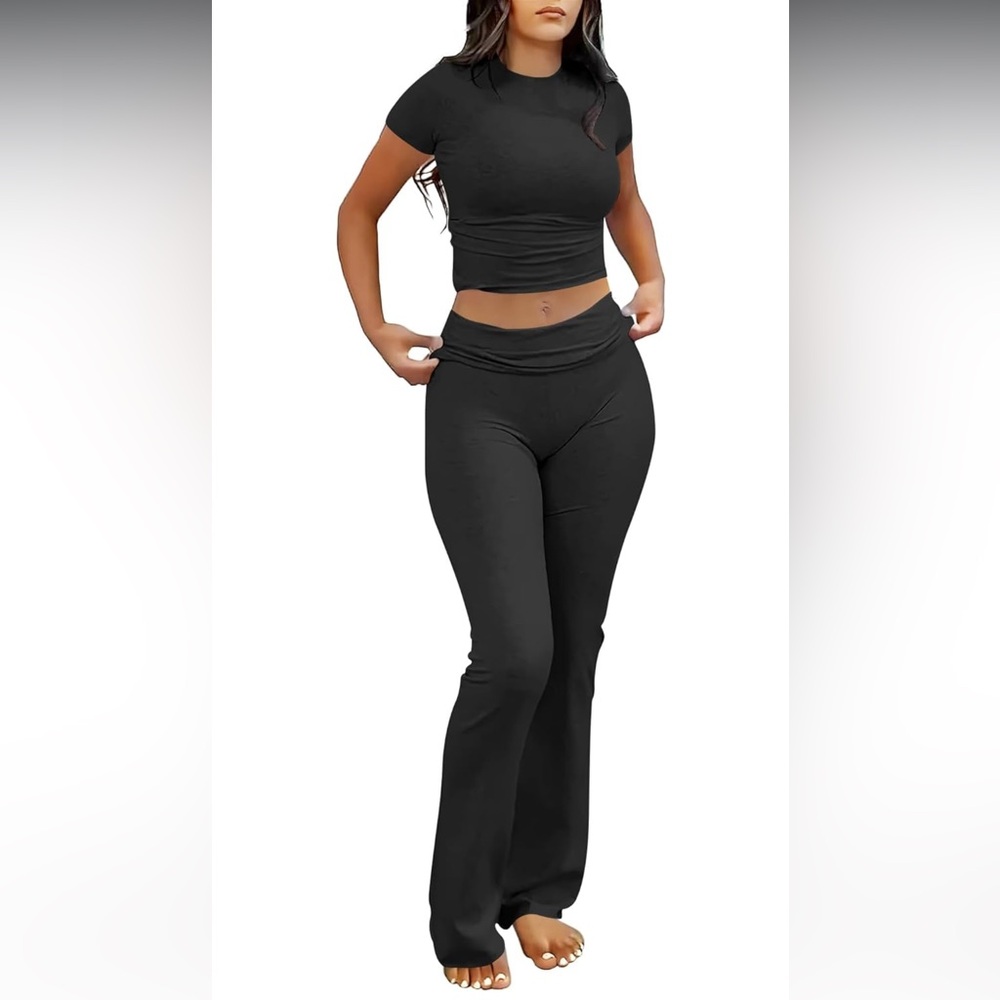 Black Women's Spandex Yoga Flare Fold Over Lounge Set